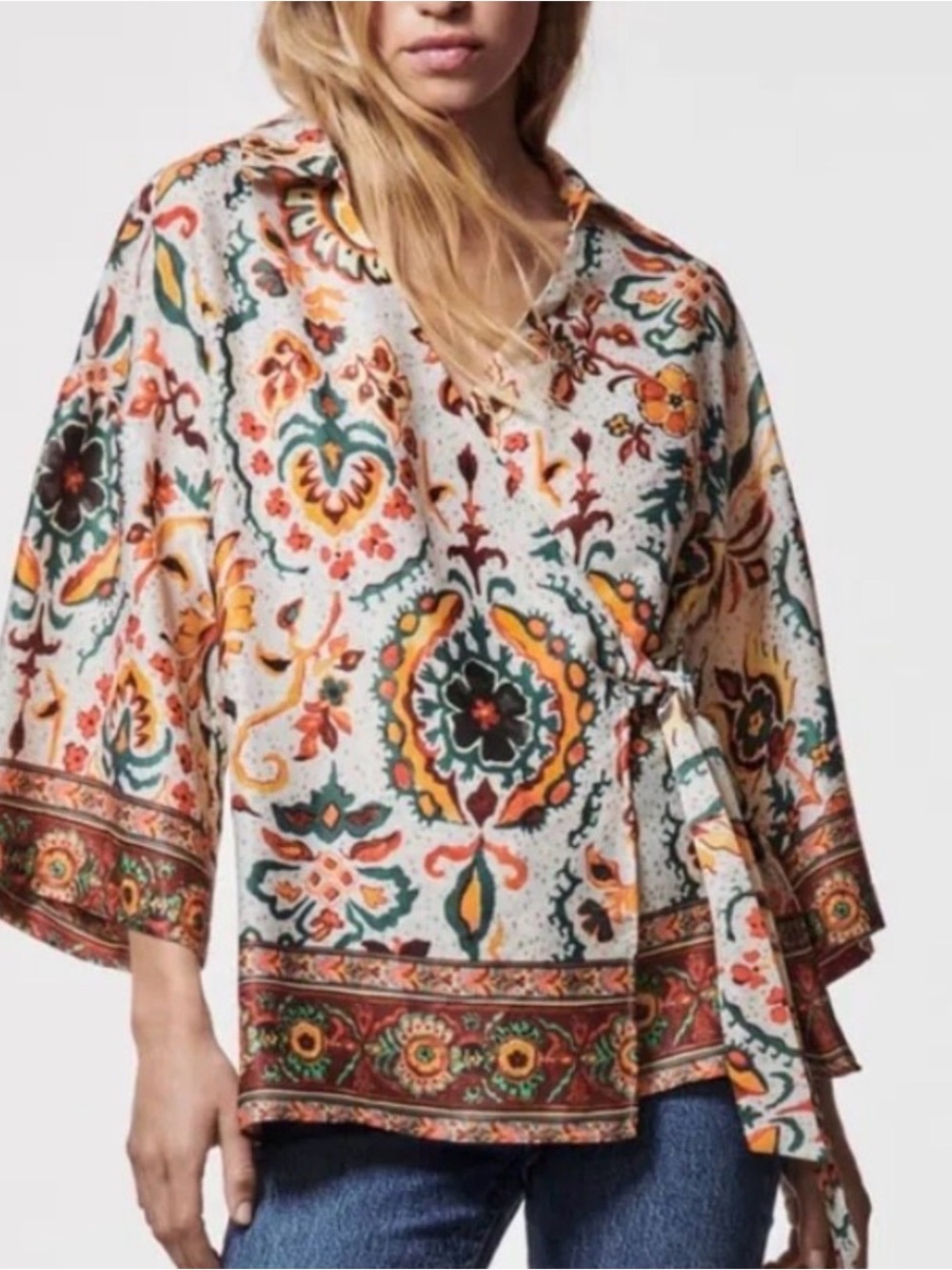 Zara Cream Floral Tie-Waist V-Neck Tunic with Multicolor Print